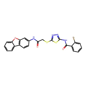 2-bromo-N-[5-[2-(dibenzofuran-3-ylamino)-2-oxoethyl]sulfanyl-1,3,4-thiadiazol-2-yl]benzamide structure