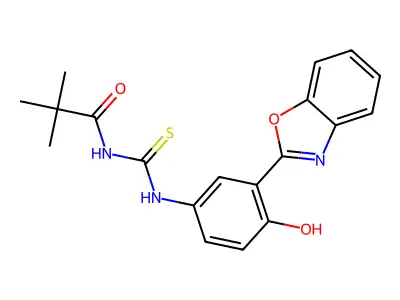 N-((3-(benzo[d]oxazol-2-yl)-4-hydroxyphenyl)carbamothioyl)pivalamide structure