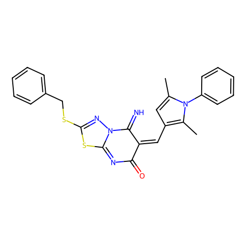(E)-2-(benzylthio)-6-((2,5-dimethyl-1-phenyl-1H-pyrrol-3-yl)methylene)-5-imino-5H-[1,3,4]thiadiazolo[3,2-a]pyrimidin-7(6H)-one structure