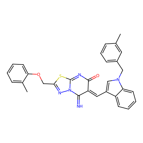 (Z)-5-imino-6-((1-(3-methylbenzyl)-1H-indol-3-yl)methylene)-2-((o-tolyloxy)methyl)-5H-[1,3,4]thiadiazolo[3,2-a]pyrimidin-7(6H)-one structure