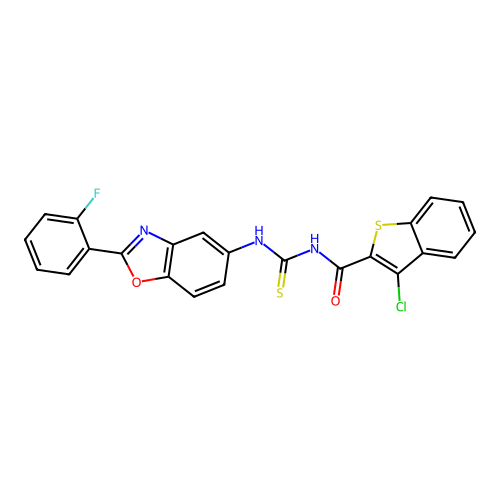 3-chloro-N-[[2-(2-fluorophenyl)benzooxazol-5-yl]thiocarbamoyl]benzothiophene-2-carboxamide structure