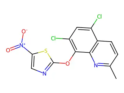 Quinoline, 5,7-dichloro-2-methyl-8-((5-nitro-2-thiazolyl)oxy)- structure