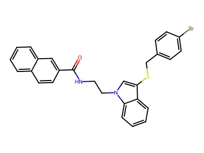 N-(2-(3-((4-bromobenzyl)thio)-1H-indol-1-yl)ethyl)-2-naphthamide structure