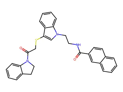 N-(2-(3-((2-(indolin-1-yl)-2-oxoethyl)thio)-1H-indol-1-yl)ethyl)-2-naphthamide structure