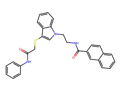N-(2-(3-((2-oxo-2-(phenylamino)ethyl)thio)-1H-indol-1-yl)ethyl)-2-naphthamide structure