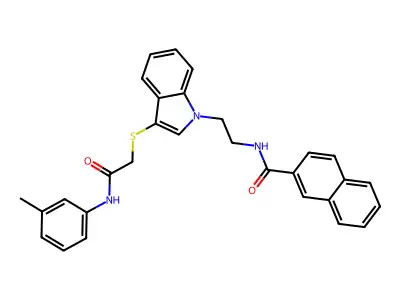 N-(2-(3-((2-oxo-2-(m-tolylamino)ethyl)thio)-1H-indol-1-yl)ethyl)-2-naphthamide structure