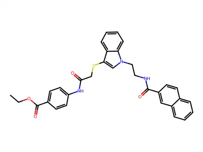 ethyl 4-(2-((1-(2-(2-naphthamido)ethyl)-1H-indol-3-yl)thio)acetamido)benzoate structure