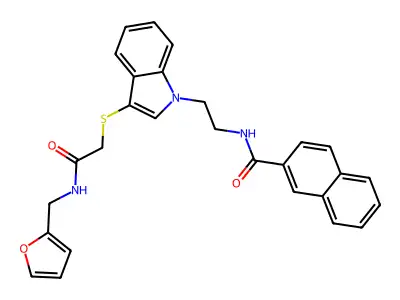 N-(2-(3-((2-((furan-2-ylmethyl)amino)-2-oxoethyl)thio)-1H-indol-1-yl)ethyl)-2-naphthamide structure