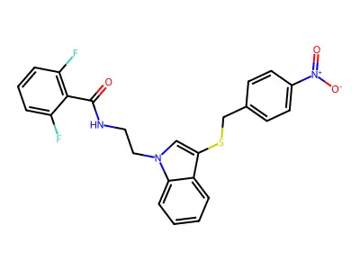 2,6-difluoro-N-[2-[3-[(4-nitrophenyl)methylsulfanyl]indol-1-yl]ethyl]benzamide structure