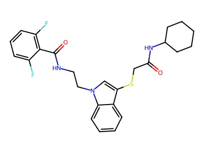 N-[2-(3-{[(cyclohexylcarbamoyl)methyl]sulfanyl}-1H-indol-1-yl)ethyl]-2,6-difluorobenzamide structure