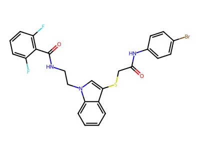 N-(2-(3-((2-((4-bromophenyl)amino)-2-oxoethyl)thio)-1H-indol-1-yl)ethyl)-2,6-difluorobenzamide structure