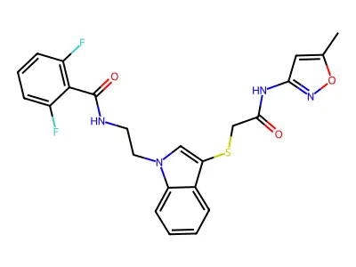2,6-difluoro-N-(2-(3-((2-((5-methylisoxazol-3-yl)amino)-2-oxoethyl)thio)-1H-indol-1-yl)ethyl)benzamide structure