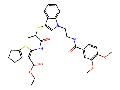 ethyl 2-{2-[(1-{2-[(3,4-dimethoxyphenyl)formamido]ethyl}-1H-indol-3-yl)sulfanyl]propanamido}-4H,5H,6H-cyclopenta[b]thiophene-3-carboxylate structure