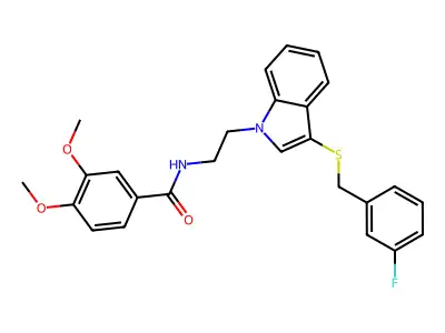 N-[2-[3-[(3-fluorophenyl)methylsulfanyl]indol-1-yl]ethyl]-3,4-dimethoxybenzamide structure