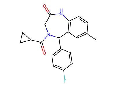 4-cyclopropanecarbonyl-5-(4-fluorophenyl)-7-methyl-2,3,4,5-tetrahydro-1H-1,4-benzodiazepin-2-one structure