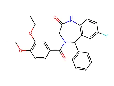 4-(3,4-diethoxybenzoyl)-7-fluoro-5-phenyl-3,5-dihydro-1H-1,4-benzodiazepin-2-one structure