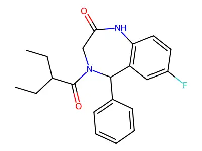 4-(2-ethylbutanoyl)-7-fluoro-5-phenyl-3,5-dihydro-1H-1,4-benzodiazepin-2-one structure