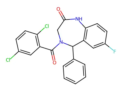 4-(2,5-dichlorobenzoyl)-7-fluoro-5-phenyl-2,3,4,5-tetrahydro-1H-1,4-benzodiazepin-2-one structure