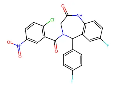 4-(2-chloro-5-nitrobenzoyl)-7-fluoro-5-(4-fluorophenyl)-2,3,4,5-tetrahydro-1H-1,4-benzodiazepin-2-one structure
