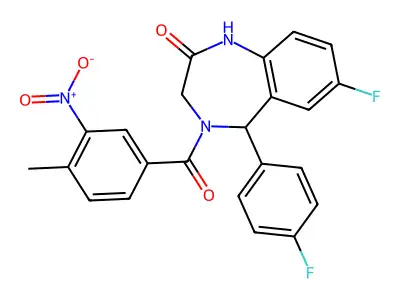 7-fluoro-5-(4-fluorophenyl)-4-(4-methyl-3-nitrobenzoyl)-2,3,4,5-tetrahydro-1H-1,4-benzodiazepin-2-one structure