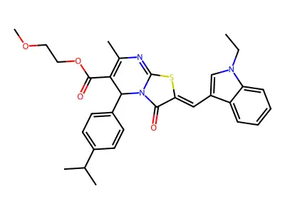 2-Methoxyethyl 2-[(1-ethyl-1H-indol-3-yl)methylidene]-7-methyl-3-oxo-5-[4-(propan-2-yl)phenyl]-2,3-dihydro-5H-[1,3]thiazolo[3,2-a]pyrimidine-6-carboxylate structure