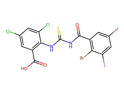 2-[(2-bromo-3,5-diiodobenzoyl)carbamothioylamino]-3,5-dichlorobenzoic acid structure