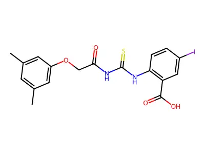 2-[[2-(3,5-Dimethylphenoxy)acetyl]carbamothioylamino]-5-iodobenzoic acid structure