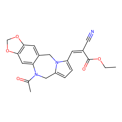 Ethyl (2Z)-3-(5-acetyl-5,11-dihydro-2H,6H-[1,3]dioxolo[4,5-h]pyrrolo[2,1-c][1,4]benzodiazepin-9-yl)-2-cyanoprop-2-enoate structure