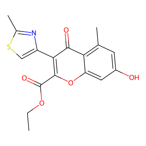 ethyl 7-hydroxy-5-methyl-3-(2-methylthiazol-4-yl)-4-oxo-4H-chromene-2-carboxylate structure