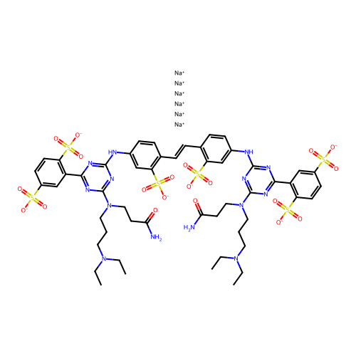 1,4-Benzenedisulfonic acid, 2,2'-((1,2-ethenediyl)bis(3-sulfo-4,1-phenylene)bis(imino)bis(6-((2-(aminocarbonyl)ethyl)(3-(diethylamino)propyl)amino)-s-triazin-4,2-diyl)bis(imino))bis-, hexasodium salt structure