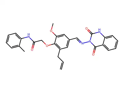 2-[4-[(2,4-dioxo-1H-quinazolin-3-yl)iminomethyl]-2-methoxy-6-prop-2-enylphenoxy]-N-(2-methylphenyl)acetamide structure