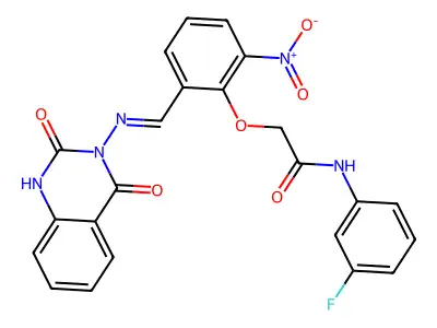 2-[2-[(2,4-dioxo-1H-quinazolin-3-yl)iminomethyl]-6-nitrophenoxy]-N-(3-fluorophenyl)acetamide structure