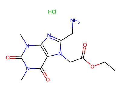 7H-Purine-7-acetic acid, 1,2,3,6-tetrahydro-8-(aminomethyl)-1,3-dimethyl-2,6-dioxo-, ethyl ester, monohydrochloride structure