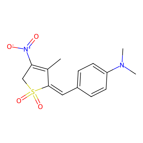 (E)-2-(4-(dimethylamino)benzylidene)-3-methyl-4-nitro-2,5-dihydrothiophene 1,1-dioxide structure