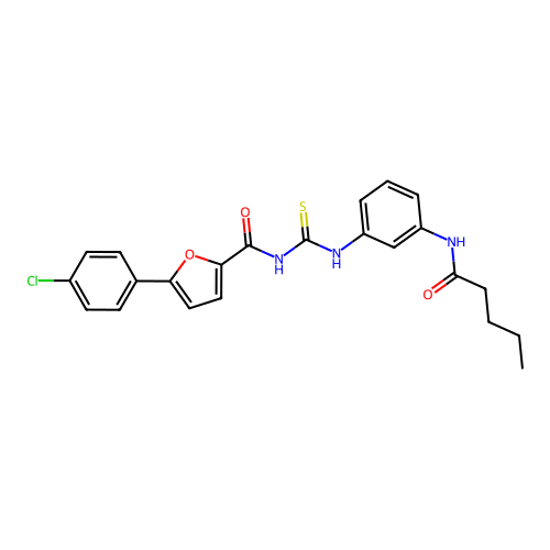 5-(4-chlorophenyl)-N-((3-pentanamidophenyl)carbamothioyl)furan-2-carboxamide structure
