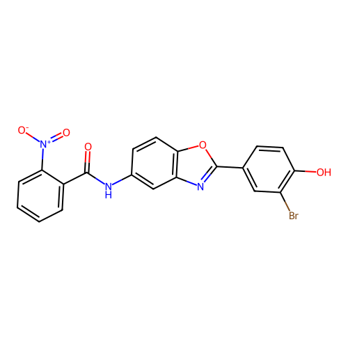 N-[2-(3-bromo-4-hydroxyphenyl)-1,3-benzoxazol-5-yl]-2-nitrobenzamide structure