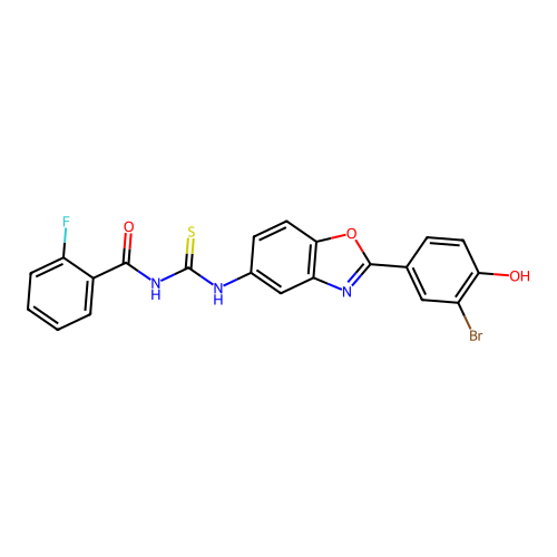 N-[[(2E)-2-(3-bromo-4-oxocyclohexa-2,5-dien-1-ylidene)-3H-1,3-benzoxazol-5-yl]carbamothioyl]-2-fluorobenzamide structure