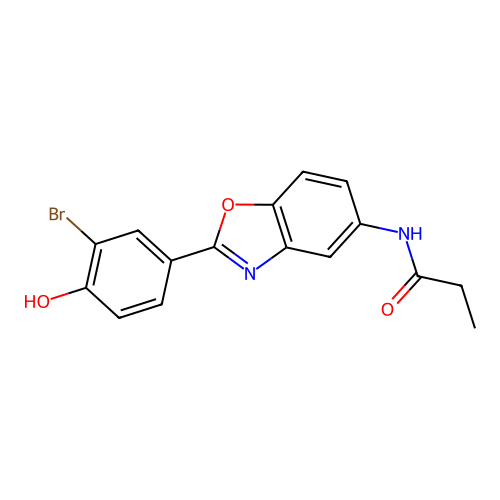 N-[2-(3-bromo-4-hydroxyphenyl)-1,3-benzoxazol-5-yl]propanamide structure