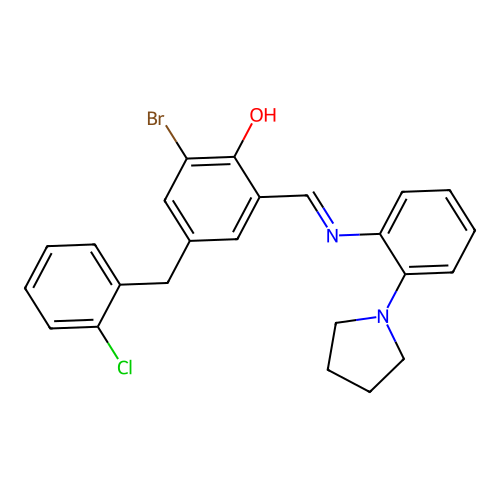 2-bromo-4-(2-chlorobenzyl)-6-[(E)-{[2-(pyrrolidin-1-yl)phenyl]imino}methyl]phenol structure