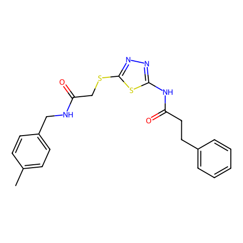 N-(5-((2-((4-methylbenzyl)amino)-2-oxoethyl)thio)-1,3,4-thiadiazol-2-yl)-3-phenylpropanamide structure
