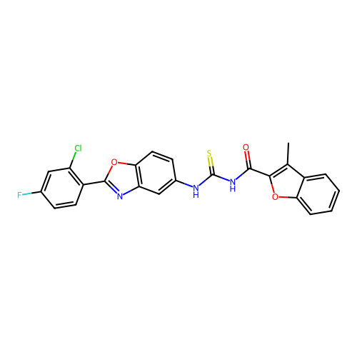 N-((2-(2-chloro-4-fluorophenyl)benzo[d]oxazol-5-yl)carbamothioyl)-3-methylbenzofuran-2-carboxamide structure