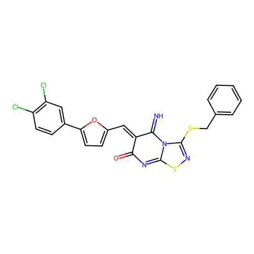(6Z)-3-(benzylsulfanyl)-6-{[5-(3,4-dichlorophenyl)furan-2-yl]methylidene}-5-imino-5,6-dihydro-7H-[1,2,4]thiadiazolo[4,5-a]pyrimidin-7-one structure