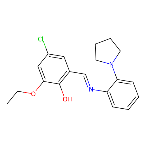 4-chloro-2-ethoxy-6-[(E)-{[2-(pyrrolidin-1-yl)phenyl]imino}methyl]phenol structure