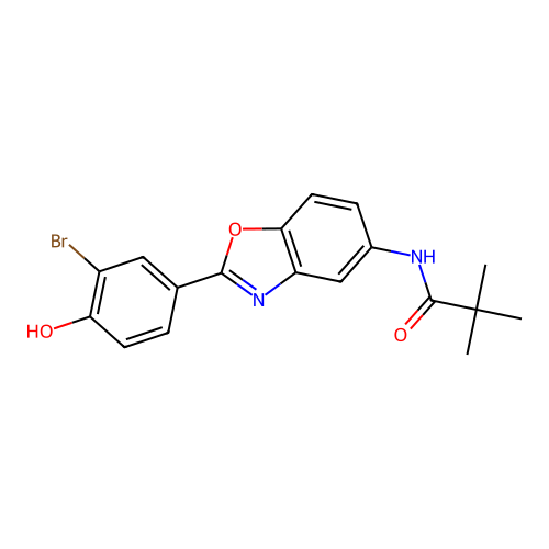 N-[2-(3-bromo-4-hydroxyphenyl)-1,3-benzoxazol-5-yl]-2,2-dimethylpropanamide structure
