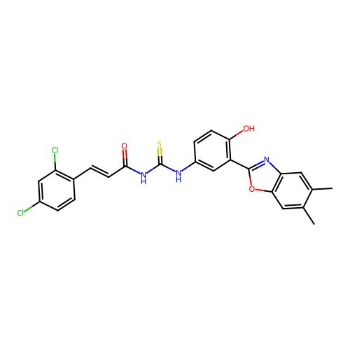 (2E)-3-(2,4-dichlorophenyl)-N-{[3-(5,6-dimethyl-1,3-benzoxazol-2-yl)-4-hydroxyphenyl]carbamothioyl}prop-2-enamide structure