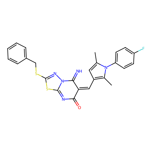 (E)-2-(benzylthio)-6-((1-(4-fluorophenyl)-2,5-dimethyl-1H-pyrrol-3-yl)methylene)-5-imino-5H-[1,3,4]thiadiazolo[3,2-a]pyrimidin-7(6H)-one structure