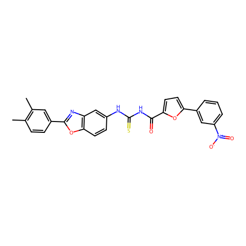 N-((2-(3,4-dimethylphenyl)benzo[d]oxazol-5-yl)carbamothioyl)-5-(3-nitrophenyl)furan-2-carboxamide structure