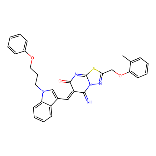(6Z)-5-imino-2-[(2-methylphenoxy)methyl]-6-{[1-(3-phenoxypropyl)-1H-indol-3-yl]methylidene}-5,6-dihydro-7H-[1,3,4]thiadiazolo[3,2-a]pyrimidin-7-one structure