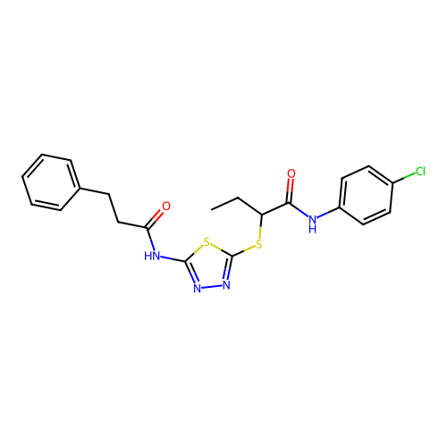 N-(4-chlorophenyl)-2-[[5-(3-phenylpropanoylamino)-1,3,4-thiadiazol-2-yl]sulfanyl]butanamide structure