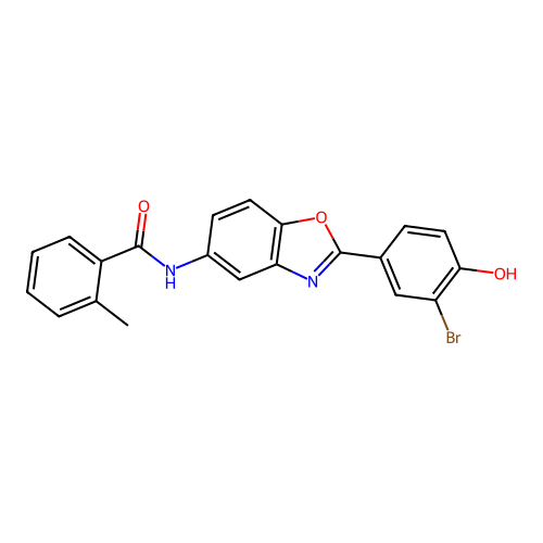 N-[2-(3-bromo-4-hydroxyphenyl)-1,3-benzoxazol-5-yl]-2-methylbenzamide structure